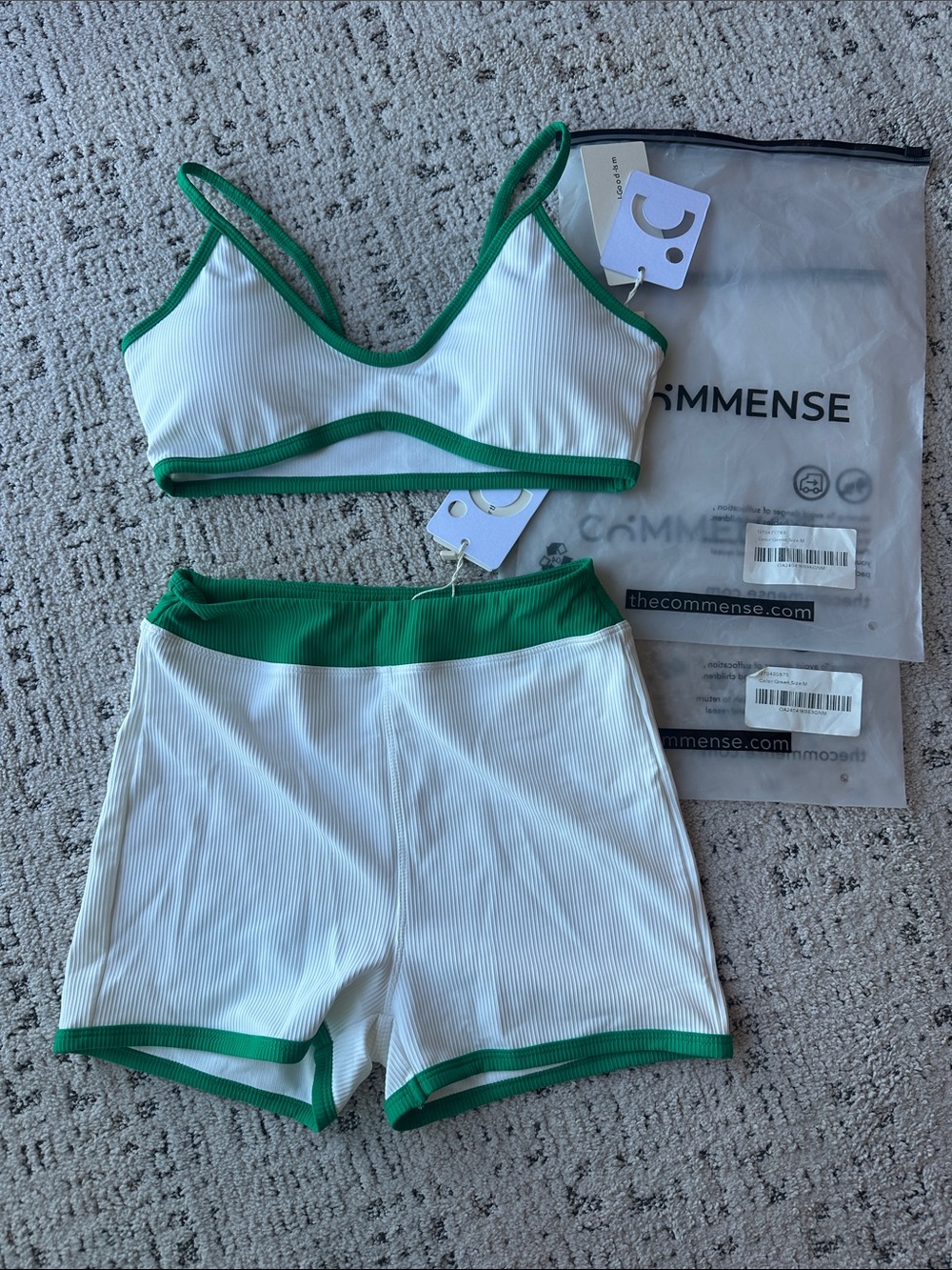 Commense White & Green Ribbed Swim Sports Bra and High-Waist Shorts Set